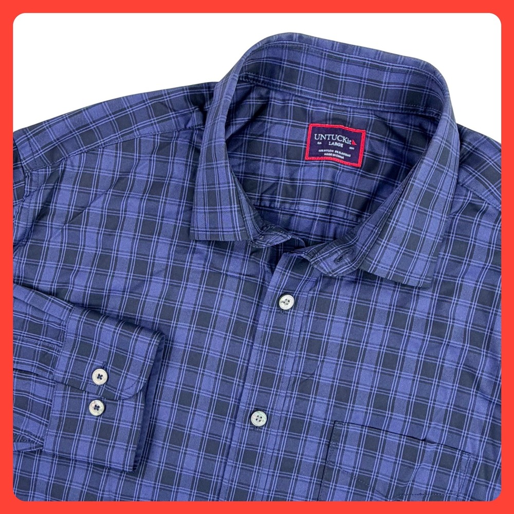 UNTUCKit Beresan Shirt Mens Large‎ Blue Plaid Nylon Stretch Long Sleeve 40787